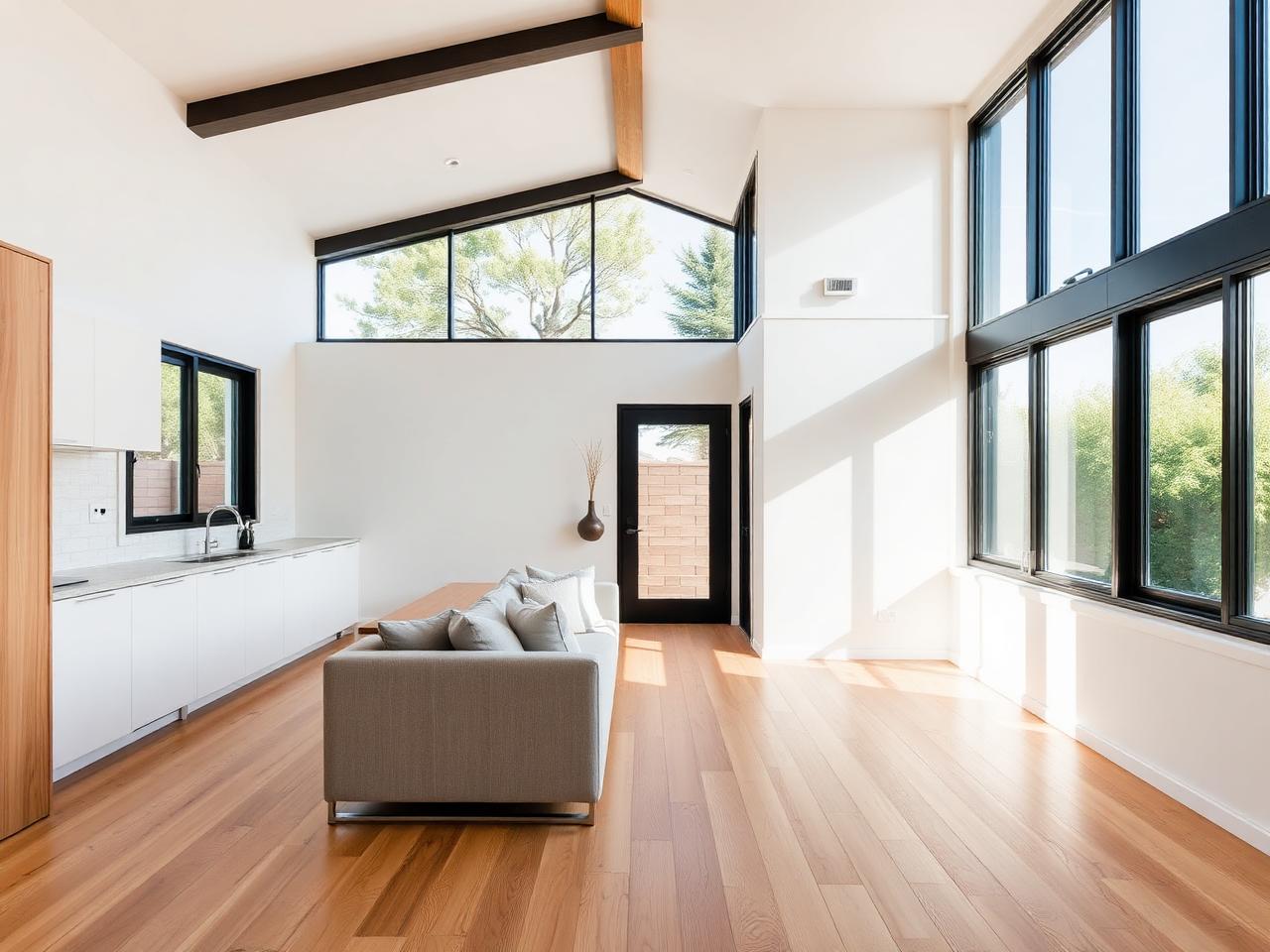 Modern ADU interior with white oak floors and natural light